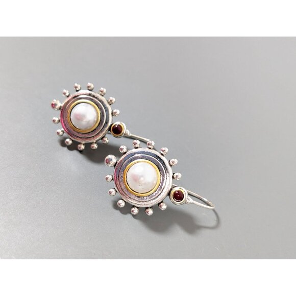 White Faux Pearl Modernist Earrings Two Tone Red Drop Chic Atomic - Picture 3 of 8